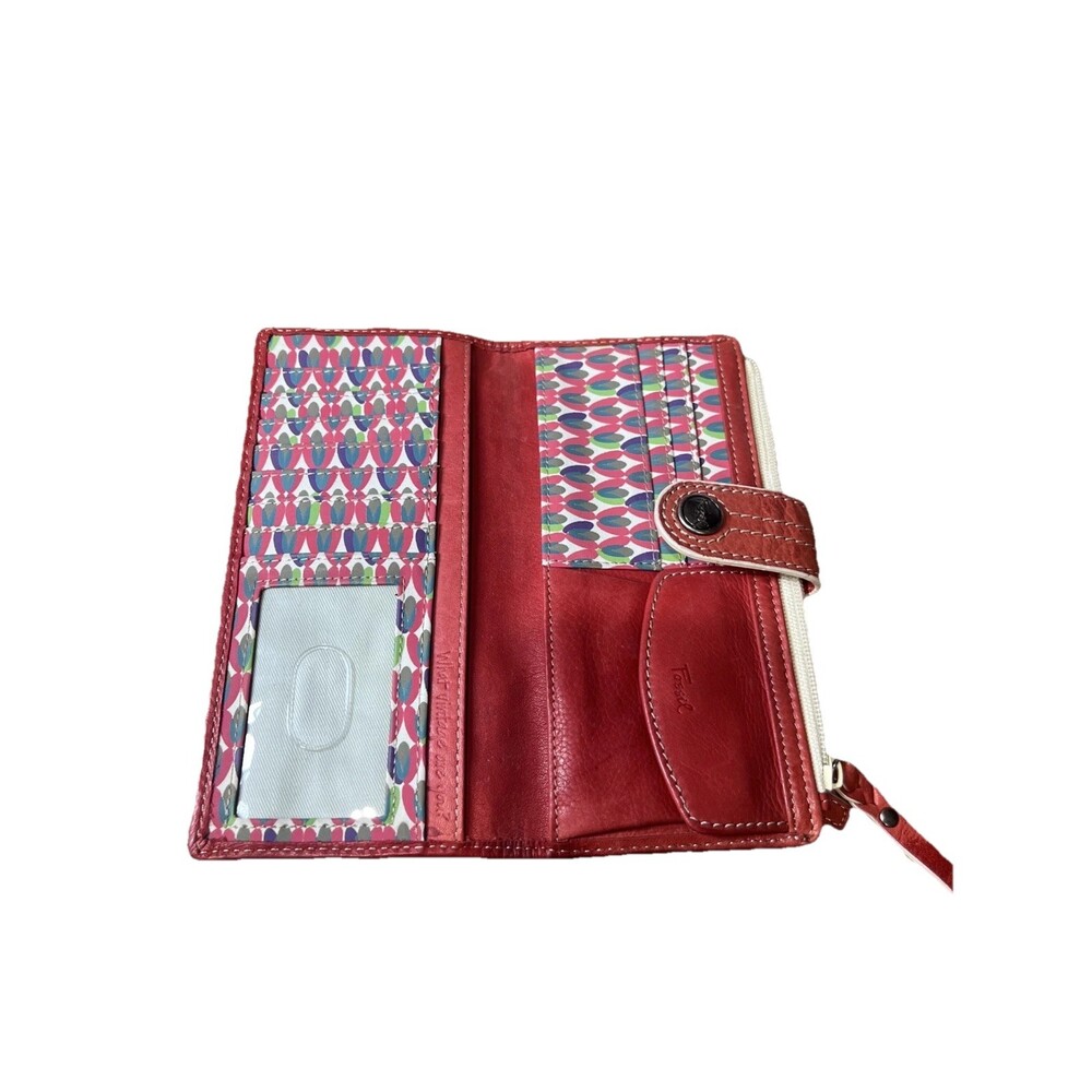 Fossil Women's Red Leather Wallet Vintage Check Book Card Holder Y2K Classic - Picture 6 of 10